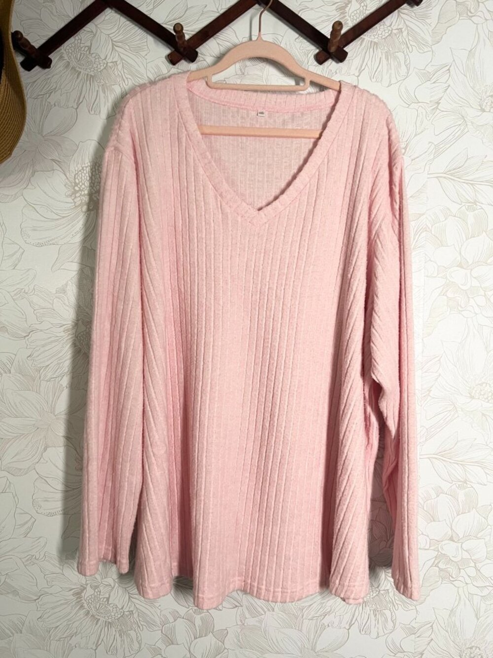 Soft Pink Ribbed V-Neck Long Sleeve Top 5XL